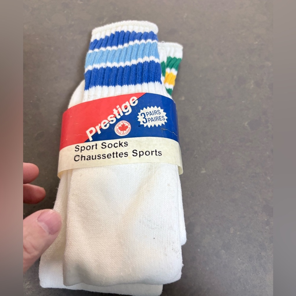 Men's White Sport Socks with Blue & Green Stripe vintage 1980s  - 2 pairs tube